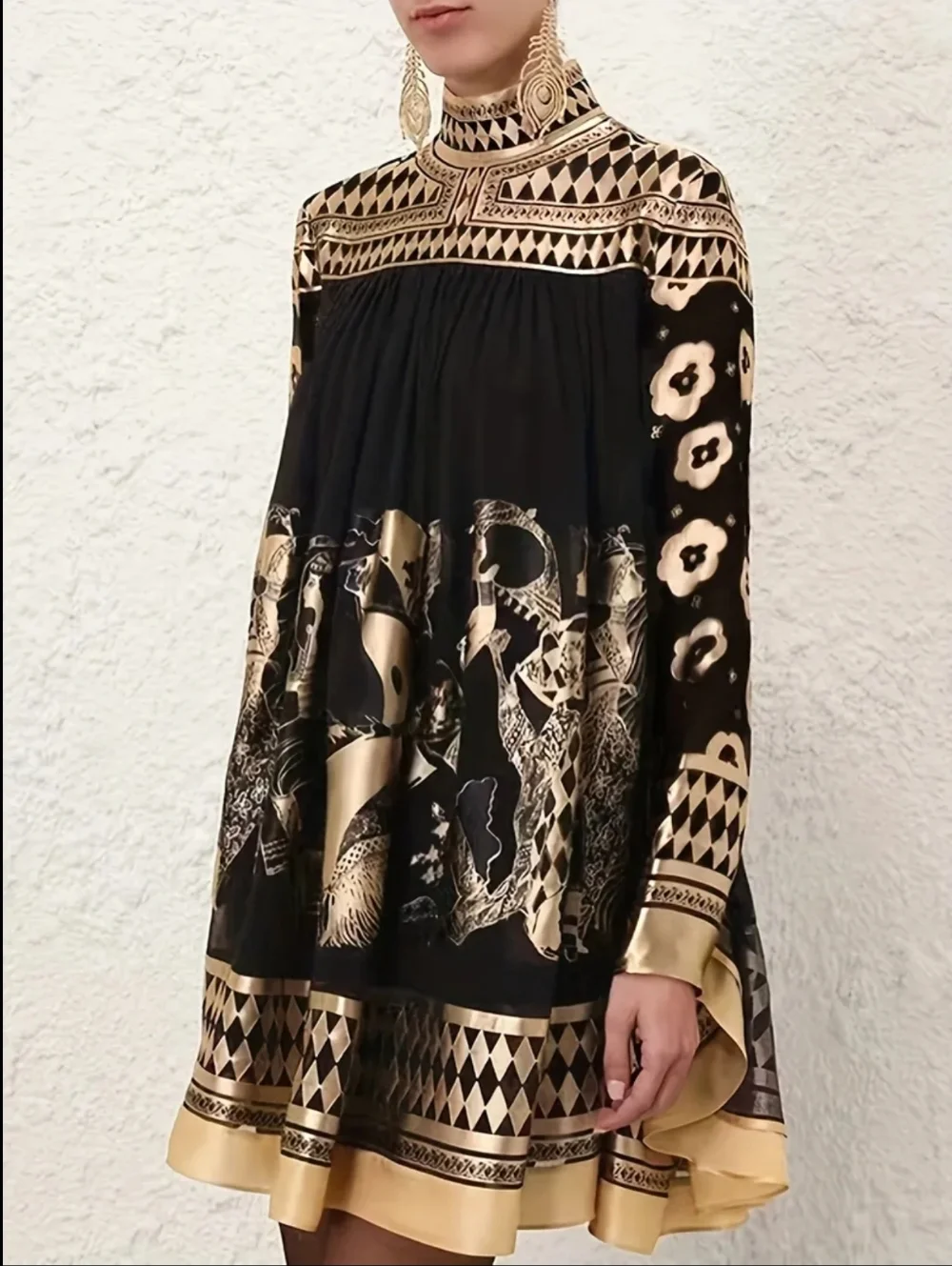 Black & Gold High-Neck Printed Swing Dress - Picture 2 of 7
